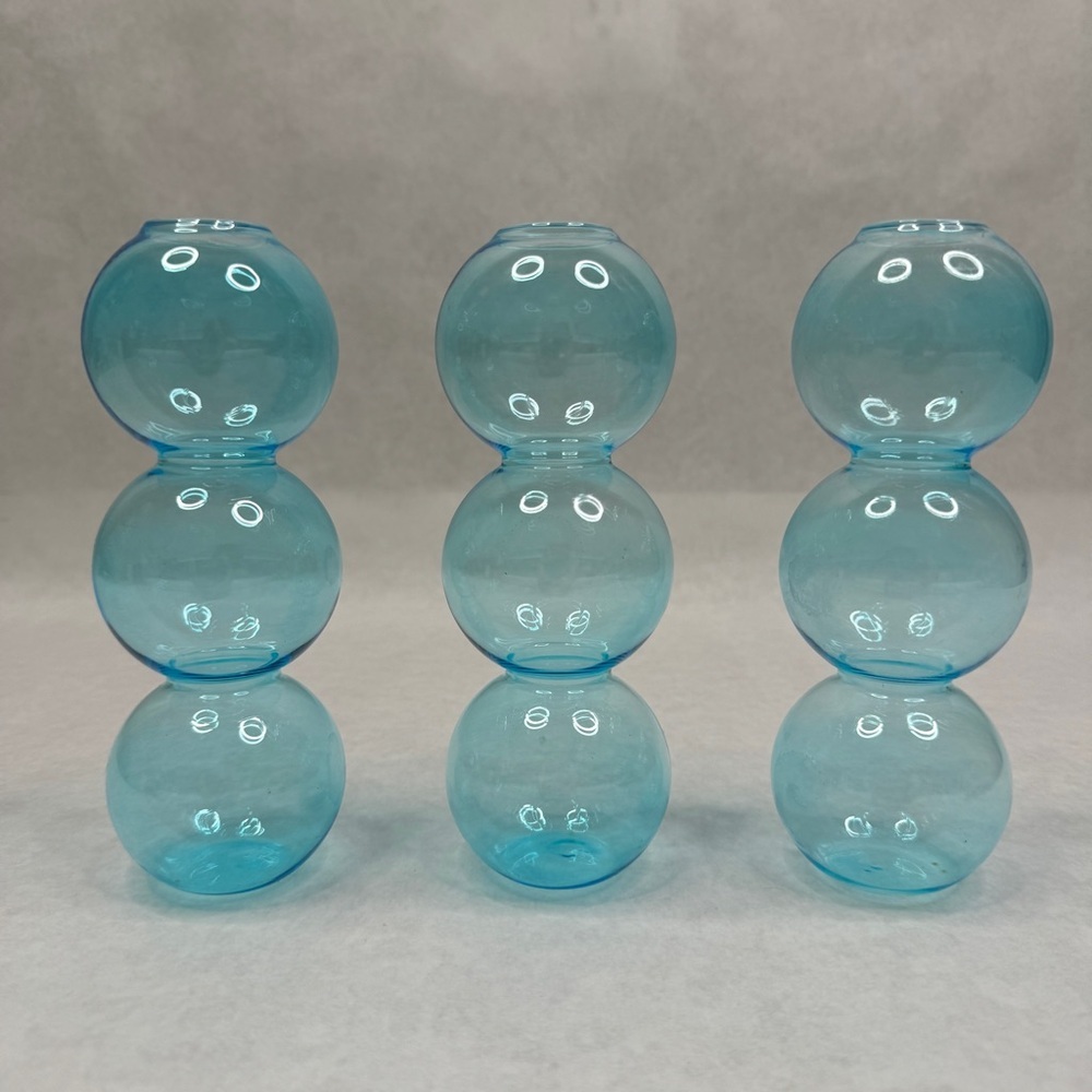 Set of 3 Transparent Blue Hydroponic Flower Vase - Three Balls - 6.5”